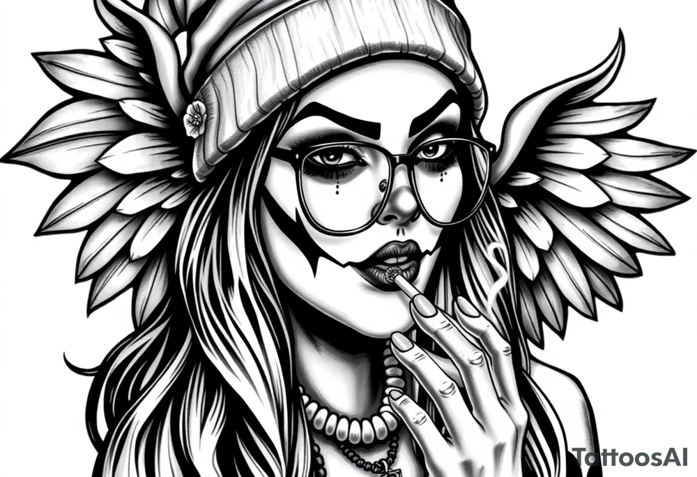 Chicana sexy chunky plus size beautiful long hair clown makeup angel wings thug beanie eyeglasses smoking a cigarette tattoo idea