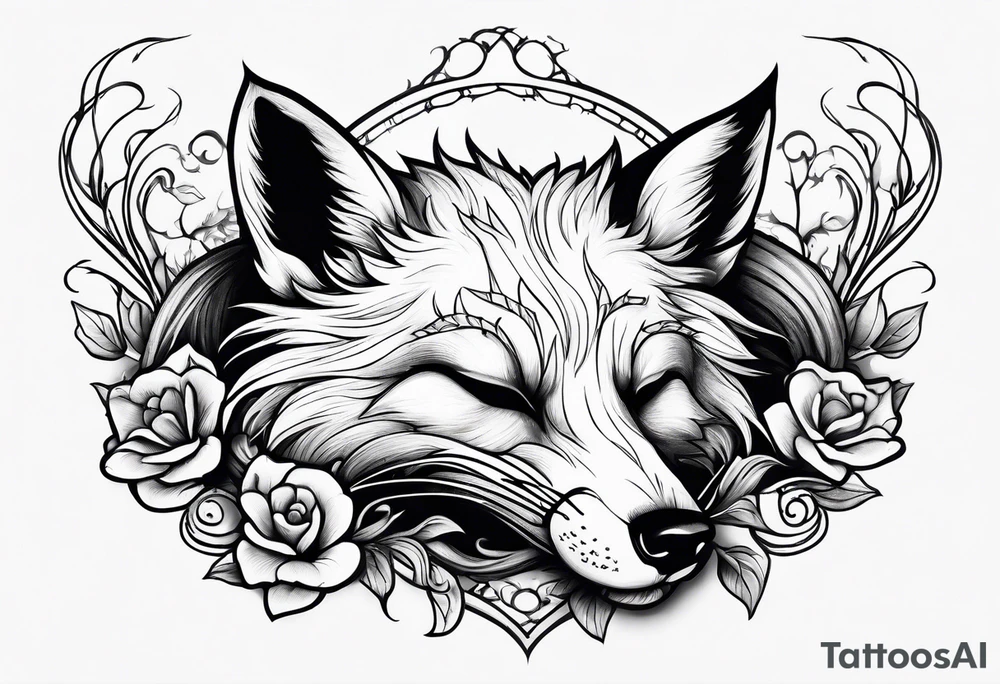 Creepy evil fox sleeping skull tattoo idea