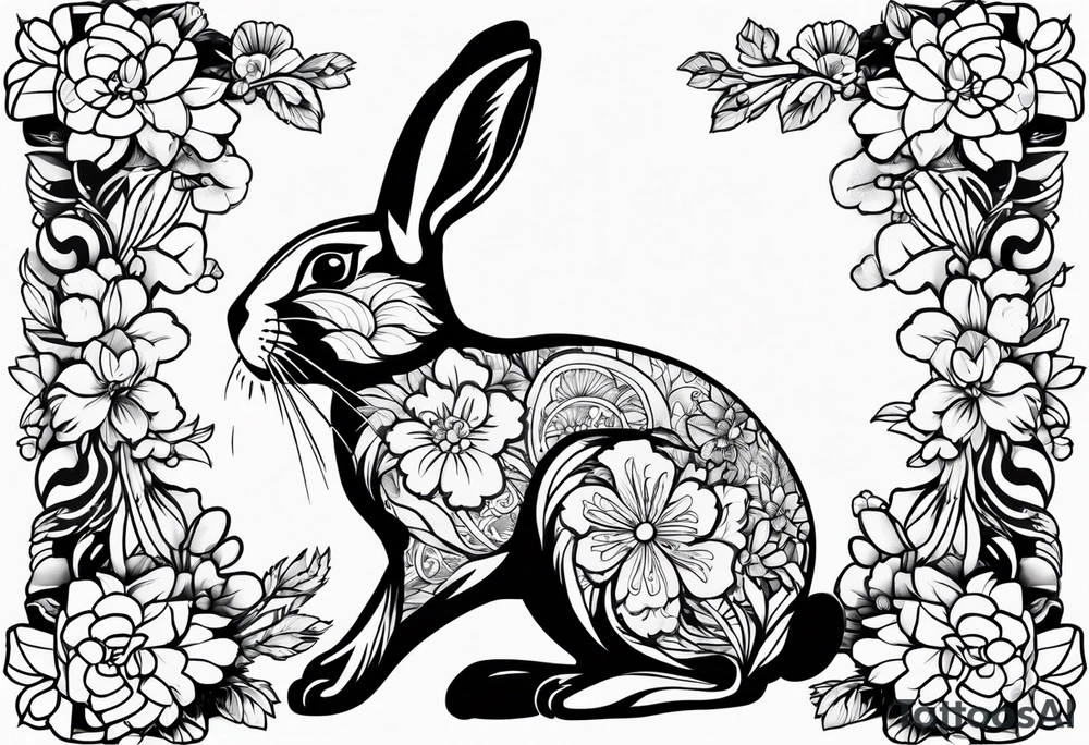 Rabbit and flowers tattoo idea