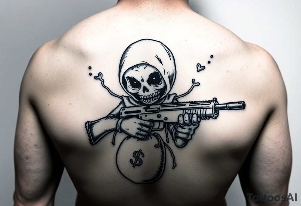 Scary Evil voodoo doll with a glock with a extended magazine and money bag full of money tattoo idea