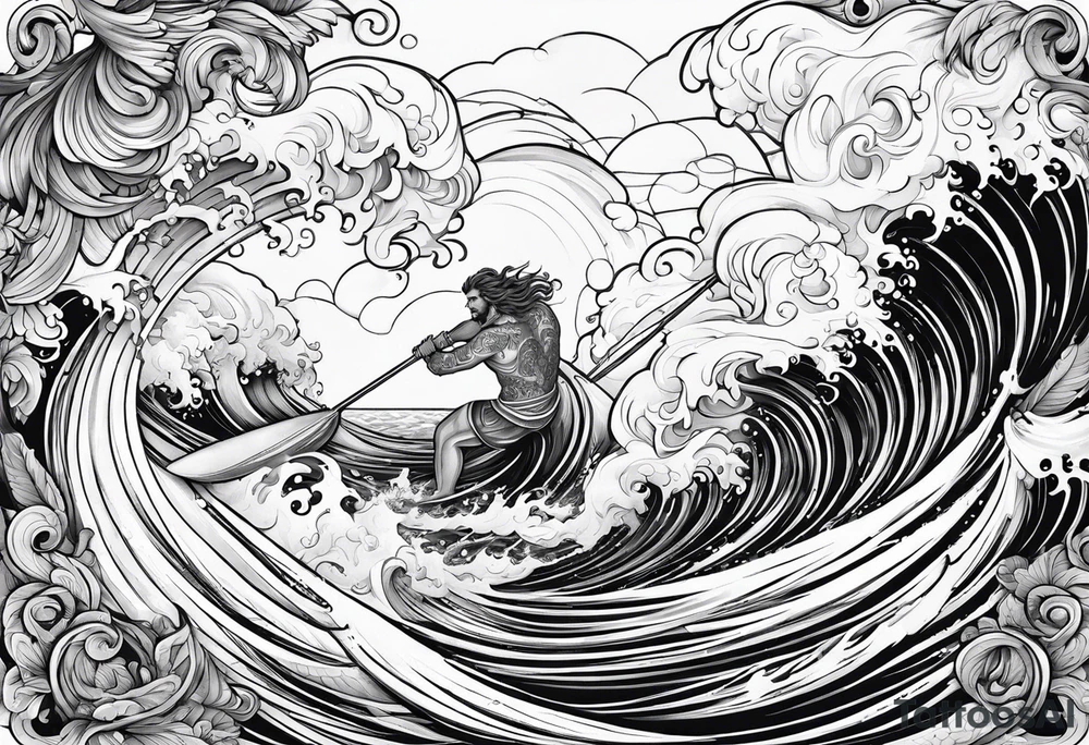 Poseidon im Meer mit Windsurfer und Wellen im Hintergrund tattoo idea