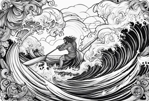 Poseidon im Meer mit Windsurfer und Wellen im Hintergrund tattoo idea