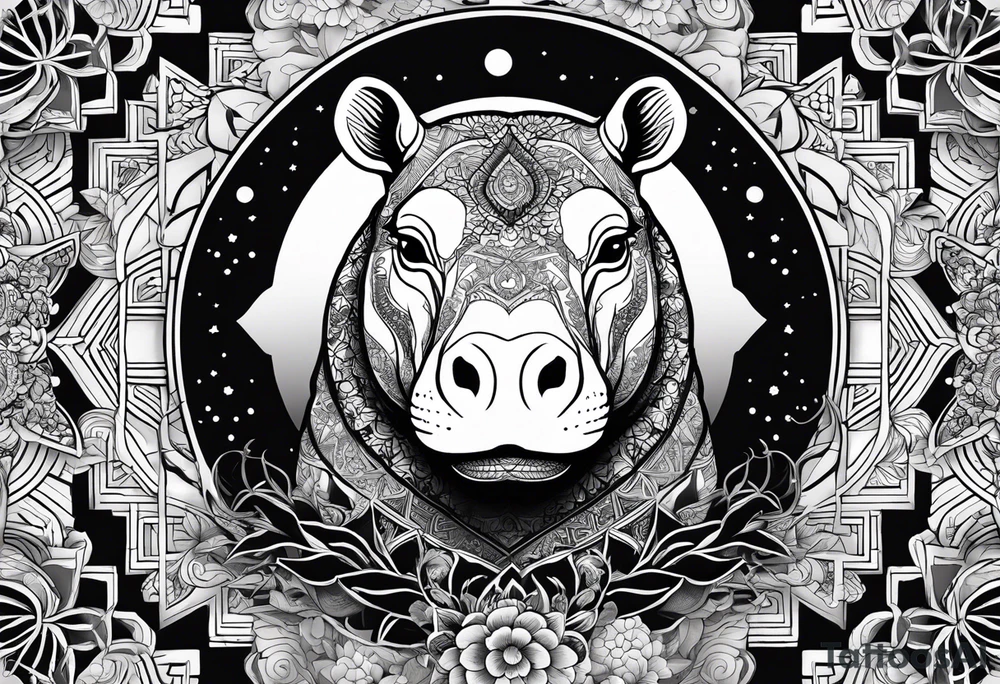 Very asymmetrical, +geometric pattern, with realistic full moon, with seeious looking hippo, +zen feel, + Buddhism touch, +tribal, +geometric
with wintersweet flower bud, +portrait orientation, +inkart touch, tattoo idea