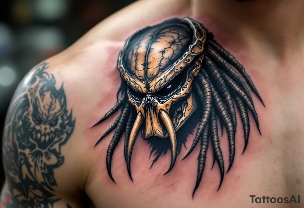 Tracker Predator – A bestial, primal version of the Predator from Predators (2010), featuring deep brown and gray reptilian skin, minimal armor, and three mechanical, tusk-like mandibles on its mask. Uses a hunting beast instead of technology. tattoo idea