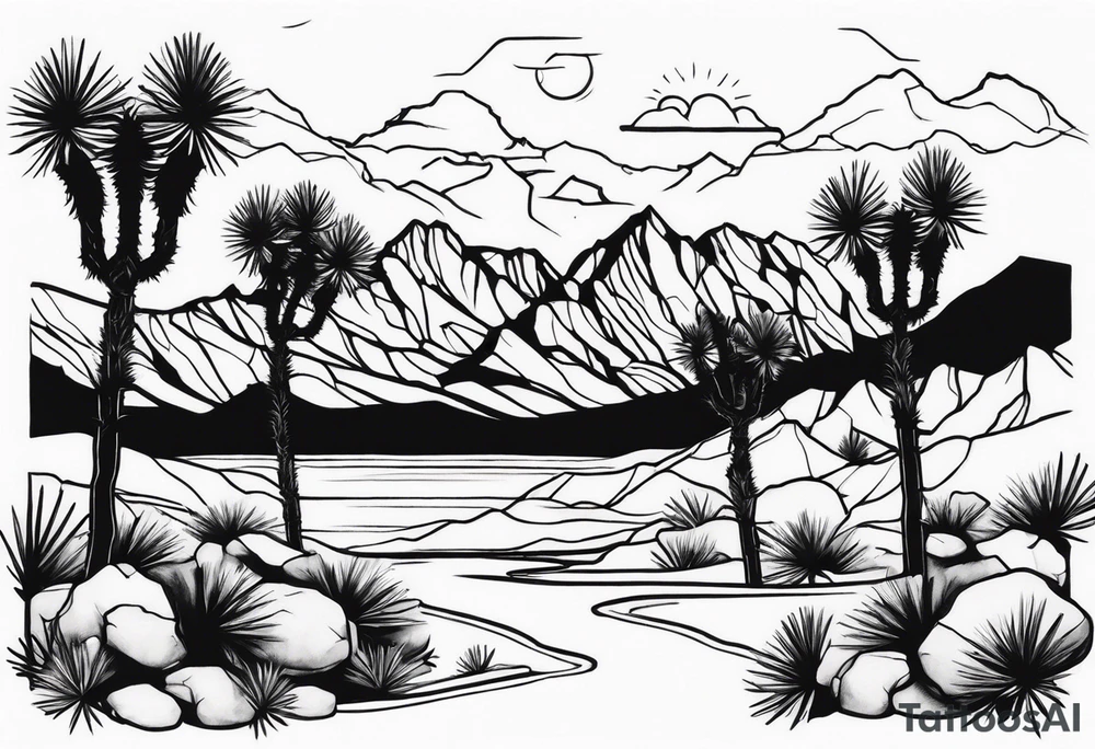 A dessert with joshua trees transitioning to pine trees and mountains tattoo idea