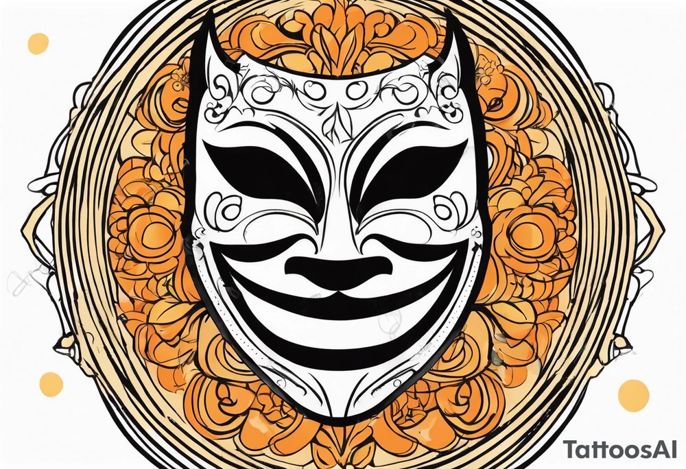 Laughing Male masquerade mask with orange and black circles tattoo idea