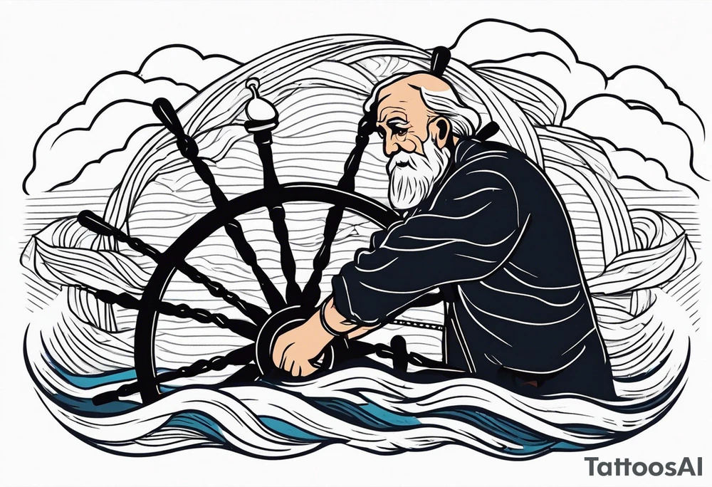 Old man turning ships wheel in a storm tattoo idea