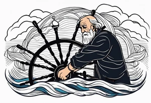 Old man turning ships wheel in a storm tattoo idea