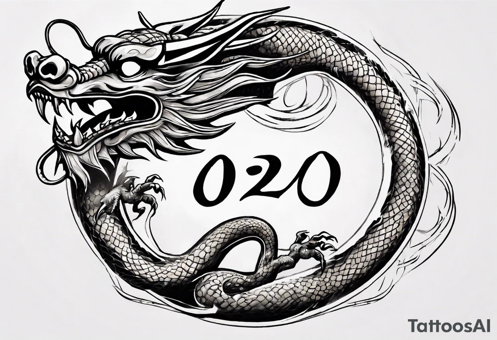 Chinese dragon in a circular shape with "02.03" written on it tattoo idea