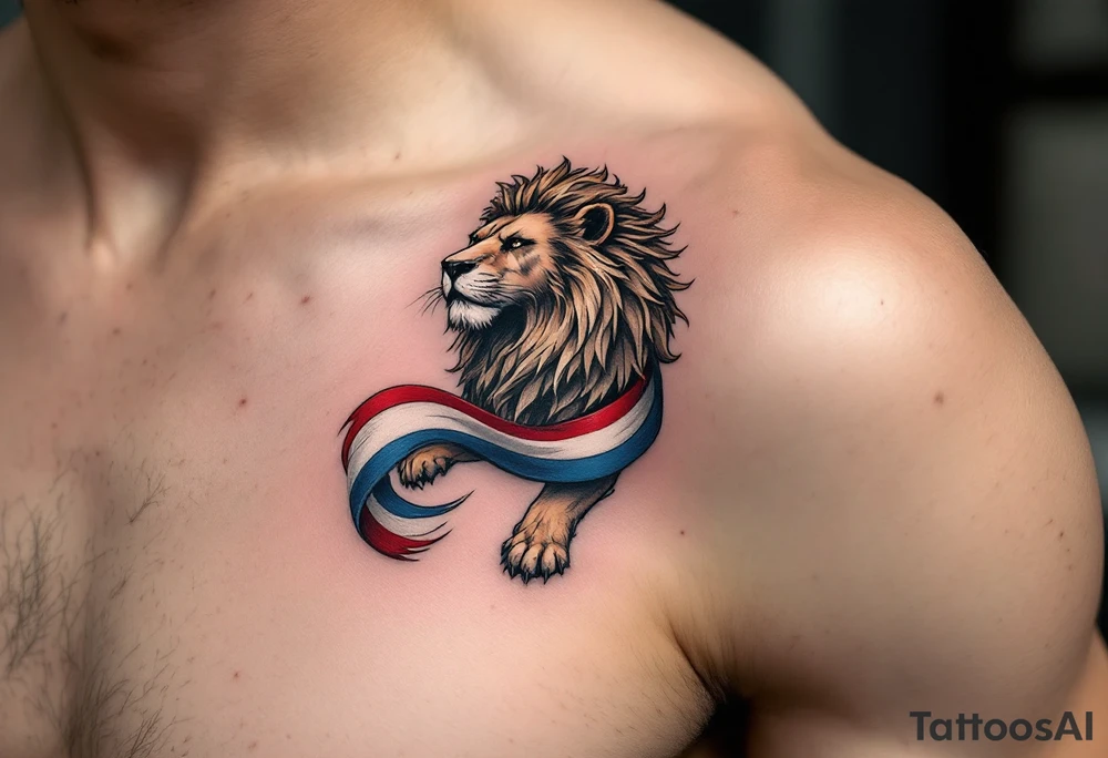 A stylized Czech lion with a flowing blue, red, and white ribbon wrapped around its body, symbolizing national unity. tattoo idea