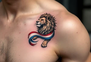 A stylized Czech lion with a flowing blue, red, and white ribbon wrapped around its body, symbolizing national unity. tattoo idea