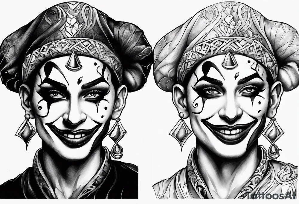 Happy and sad two face jester tattoo idea