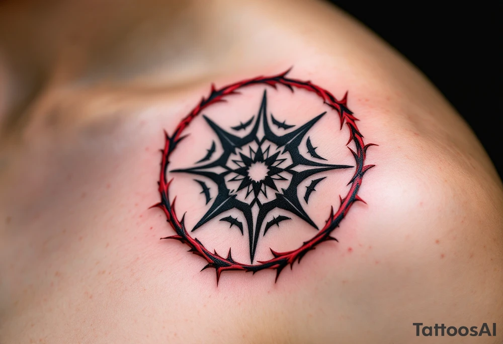 A black protective sigil on parchment-toned skin, encased in a circle of red thorns. tattoo idea