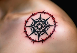 A black protective sigil on parchment-toned skin, encased in a circle of red thorns. tattoo idea