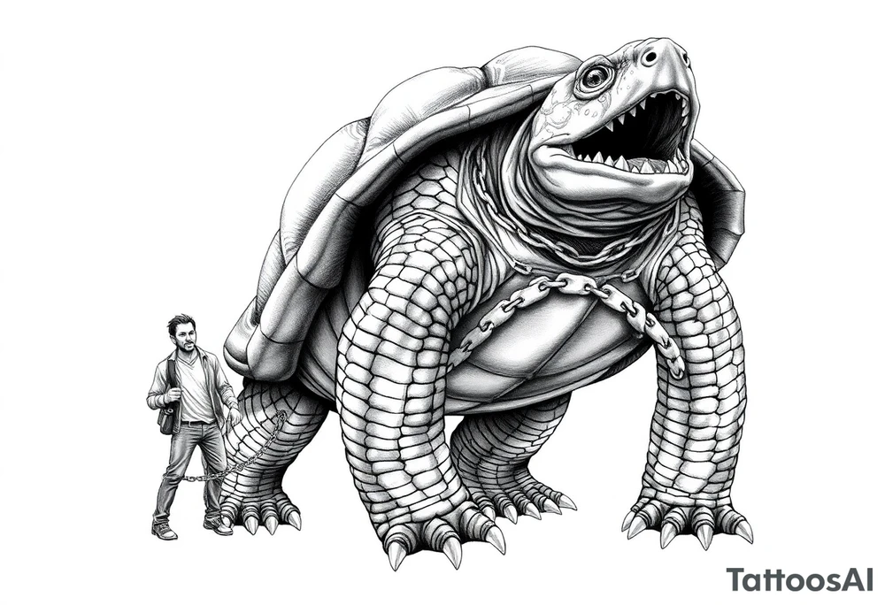 A giant man walking 2 slaves on a chain leash and chains on the back legs of an angry turtle with huge teeth with a little man riding on his back tattoo idea