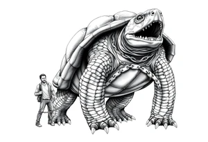 A giant man walking 2 slaves on a chain leash and chains on the back legs of an angry turtle with huge teeth with a little man riding on his back tattoo idea