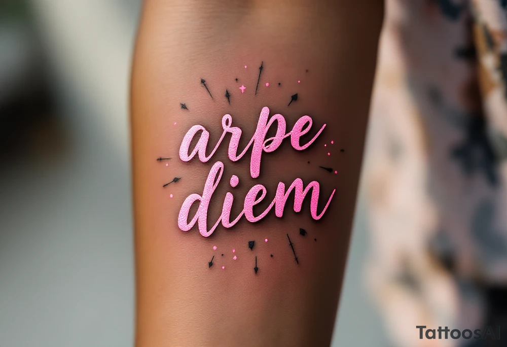 Pink ink lettering "arpe diem" on darker skin, glowing subtly like chalk on a blackboard, surrounded by geometric shapes. tattoo idea