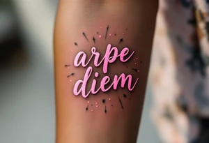 Pink ink lettering "arpe diem" on darker skin, glowing subtly like chalk on a blackboard, surrounded by geometric shapes. tattoo idea
