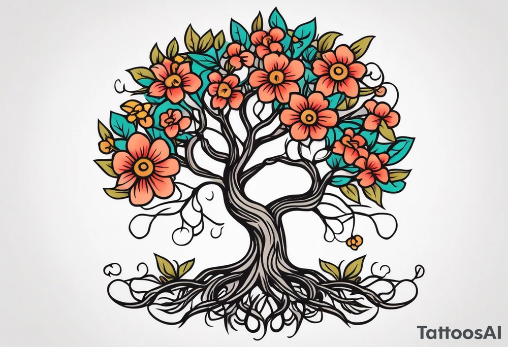 tree with roots 

old school vintage simple traditional design with vintage flowers surrounding
bold color simple tattoo idea