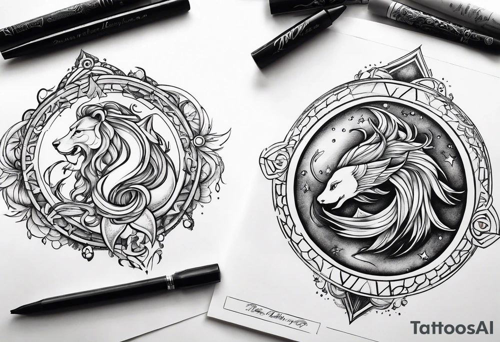 Pisces zodiac sign 
Aquarius zodiac sign 
Leo zodiac sign 
Combination tattoo idea