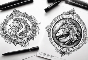 Pisces zodiac sign 
Aquarius zodiac sign 
Leo zodiac sign 
Combination tattoo idea