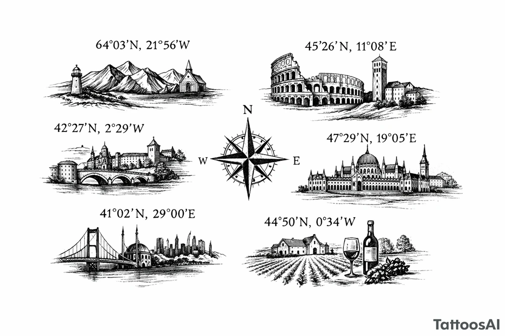 Iceland x3 (sindri, ibv, stjarnan)
Italy x2 (Verona, Sassuolo)
Spain (Logrono) 
Turkey x2 (Fenerbahce, Besiktas)
Hungary (Fradi)
France (Bordeaux) Something small that contains these countries or clubs no logos maybe coordinates tattoo idea