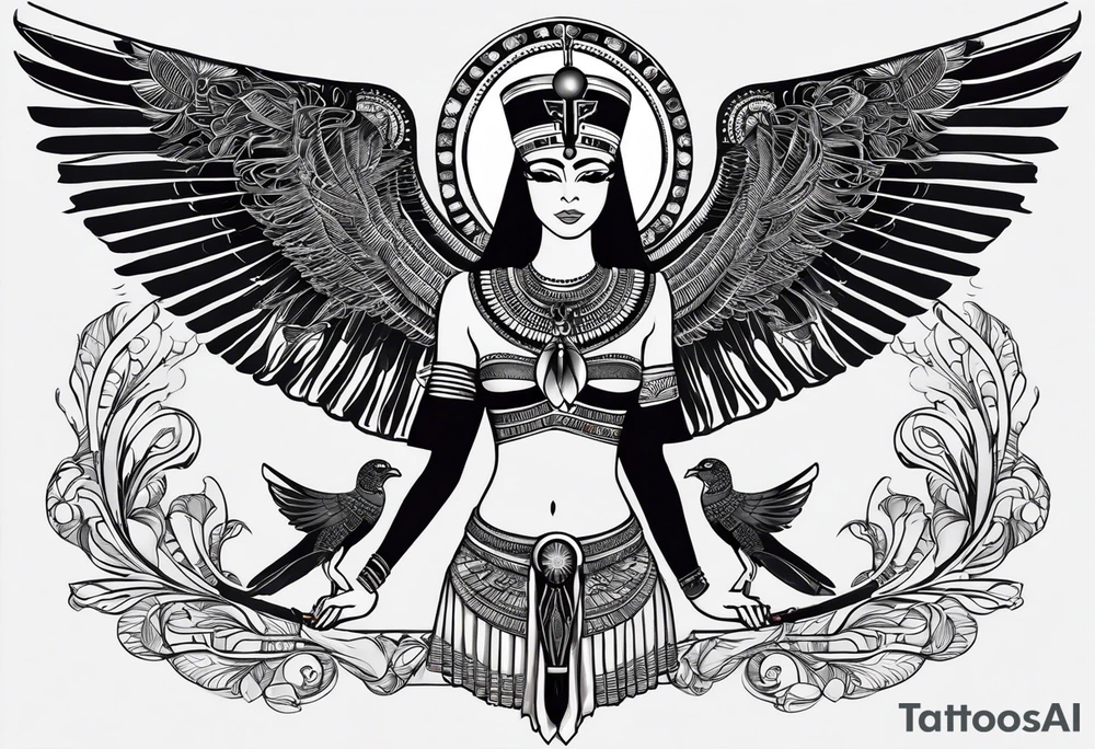 black and white Egyptian goddess Isis, who is often depicted as a woman with outstretched wings, holding an ankh (a symbol of life) in one hand and a lotus flower in the other. Her headdress often includes a throne or a solar disk. The tattoo design can vary in style and size, but it typically aims to capture the essence of this revered Egyptian deity, emphasizing her beauty, power, and maternal qualities. The choice of colors and additional elements can also be customized to create a unique and visually striking representation of the goddess Isis tattoo idea