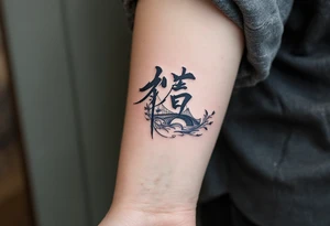 信 (xìn, “faith/trust”) in deep indigo with a bridge motif speaks of connection and reliability. tattoo idea