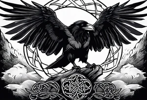 Large raven sitting on top of banner held up by 3 spears on a mideaval battle field. The banner has celtic runs on it. Tattoo would fit on forearm tattoo idea