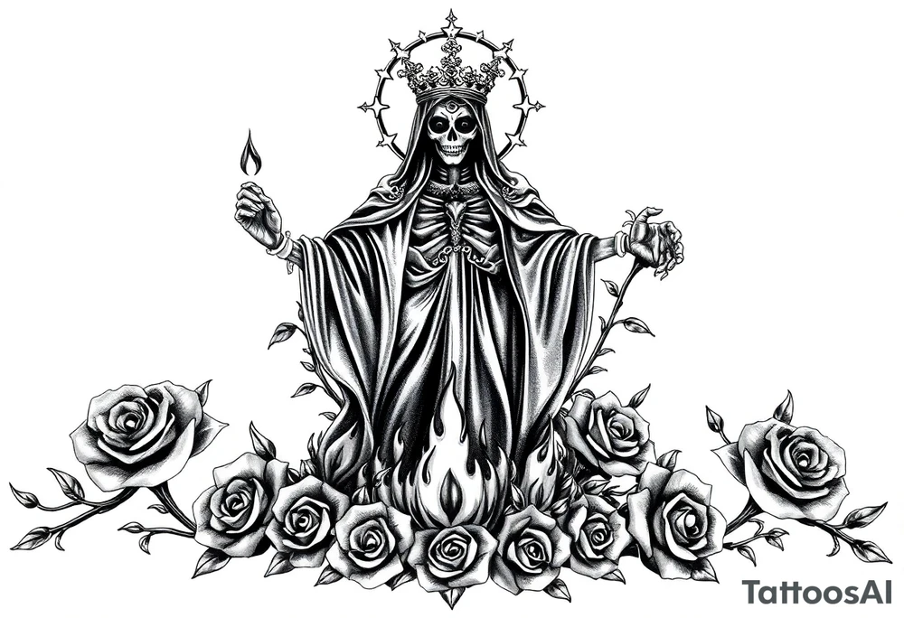 Powerful and evil Santa muerte rising from the flames and ashes of hell, surrounded by unclaimed souls and roses tattoo idea
