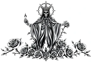 Powerful and evil Santa muerte rising from the flames and ashes of hell, surrounded by unclaimed souls and roses tattoo idea