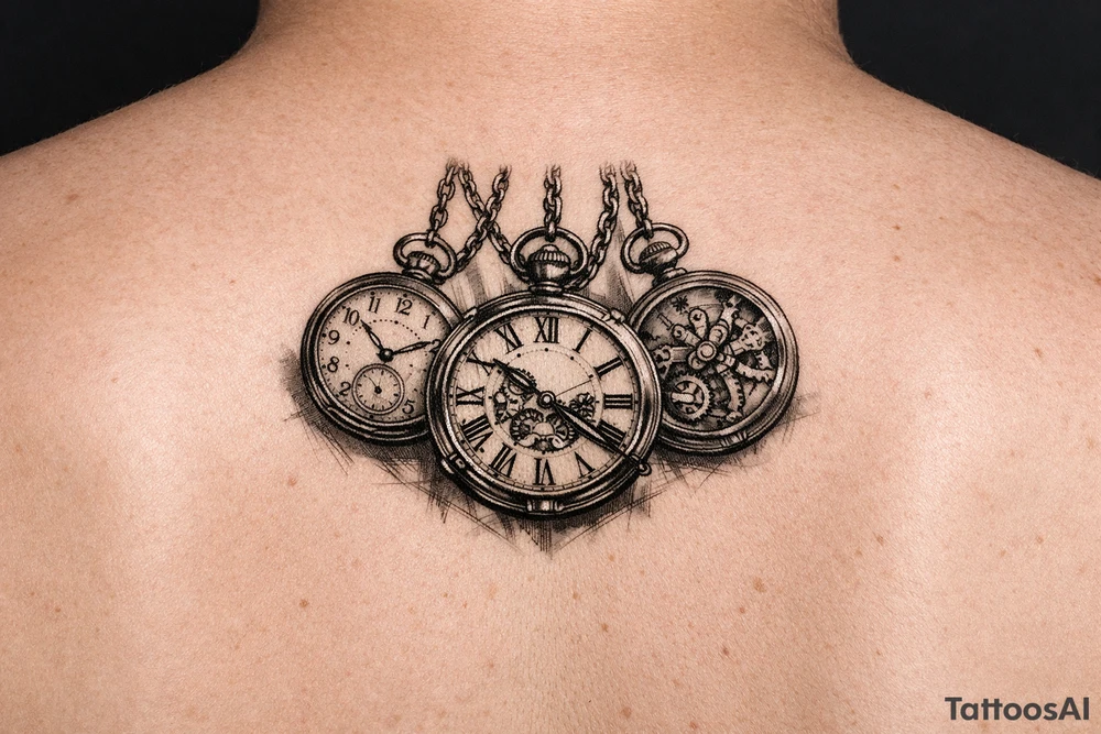 Cluster of three open pocket watches, suspended on chains.  on upper arm tattoo idea