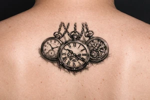 Cluster of three open pocket watches, suspended on chains.  on upper arm tattoo idea