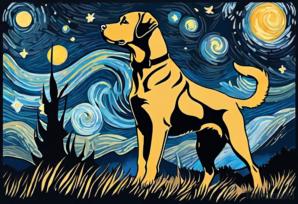 A silhouette of a labrador retriever, a german shephard, a beagle, and an adult human male, looking up at a night sky in the style of Van Gogh Starry Night. Must be narrow and tall to fit on an upper arm. tattoo idea
