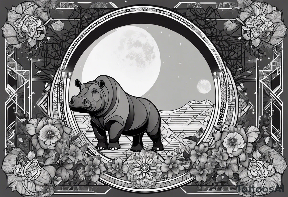 Very asymmetrical, +geometric pattern, with realistic full moon, with hippo,+tribal, +geometric, +inkart , +blackwork, +grey scale, + sketch
with wintersweet flower bud, +inkart touch, +for men, detailed , combined favourite , tattoo idea