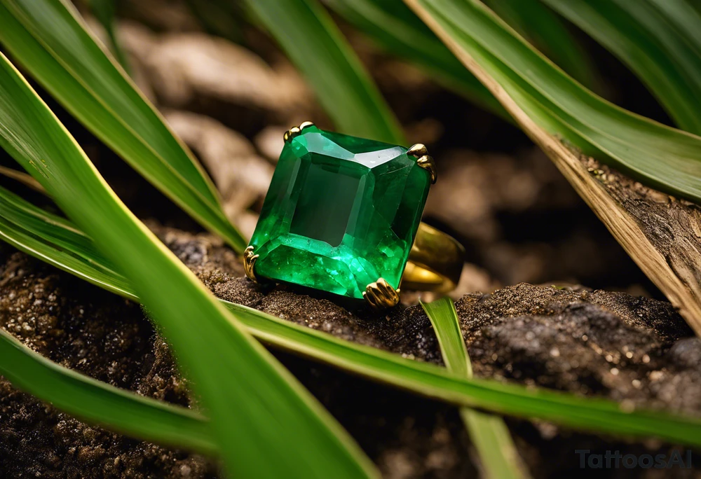 A striking Gachala emerald sits at the base of a tall quindio wax palm, which grows resiliently from cracks in rugged, rocky soil. The emerald is the main focal point, symbolizing strength and endurance, while the wax palm, rooted in the soil’s crevices, represents growth and resilience. A small water stream flows gently from the rocks, adding an element of life and nourishment. tattoo idea