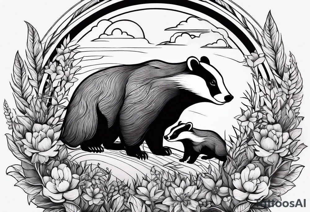 A badger with a cub in a field of flowers, including an open fireplace and a cannabis leaf realistic in center and getting more trippy towards the edges tattoo idea