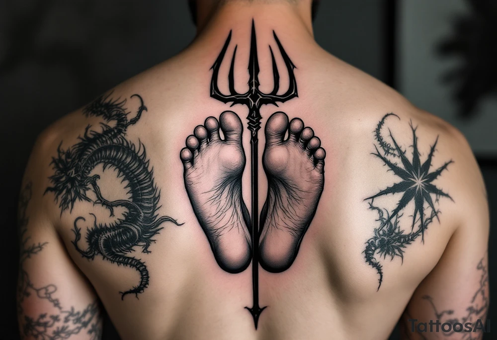barefeet behind trident tattoo idea