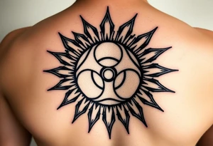 biohazard symbol inside a sun with bold lines, in an old-school black ink style. tattoo idea