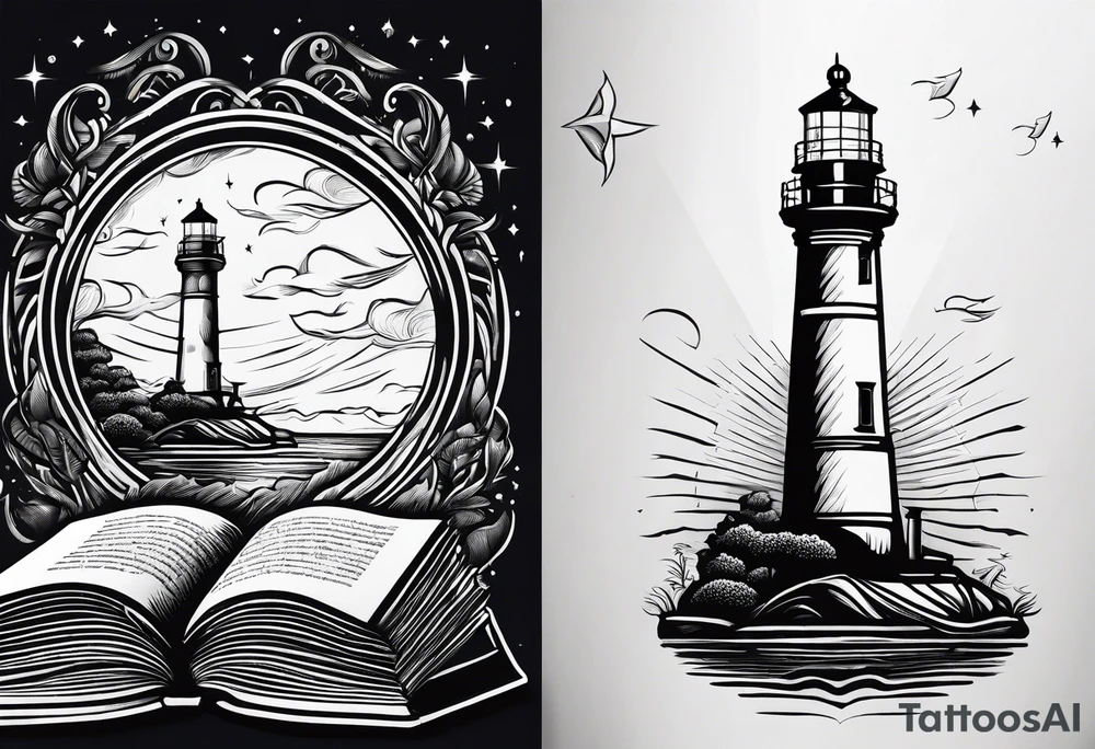 lighthouse shining light onto open book tattoo idea