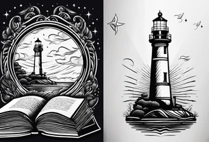 lighthouse shining light onto open book tattoo idea