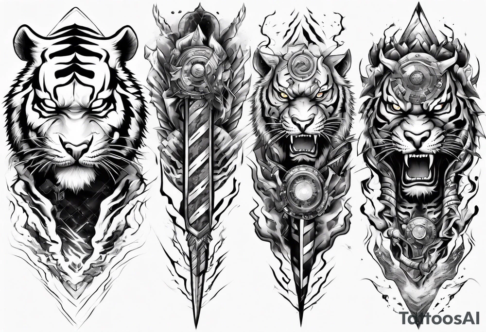 tiger warrior with lightning and the sun for a forearm sleeve tattoo idea