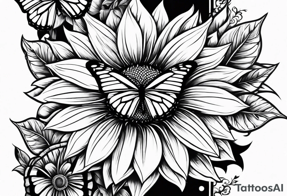 Sunflower and butterfly leg sleeve tattoo idea