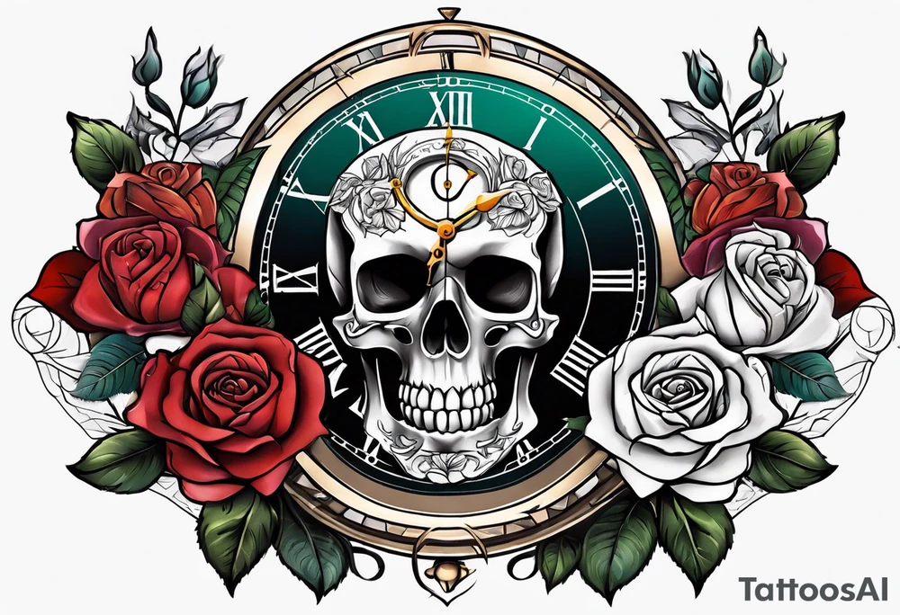 Skeleton with roses with clock tattoo tattoo idea