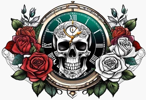 Skeleton with roses with clock tattoo tattoo idea
