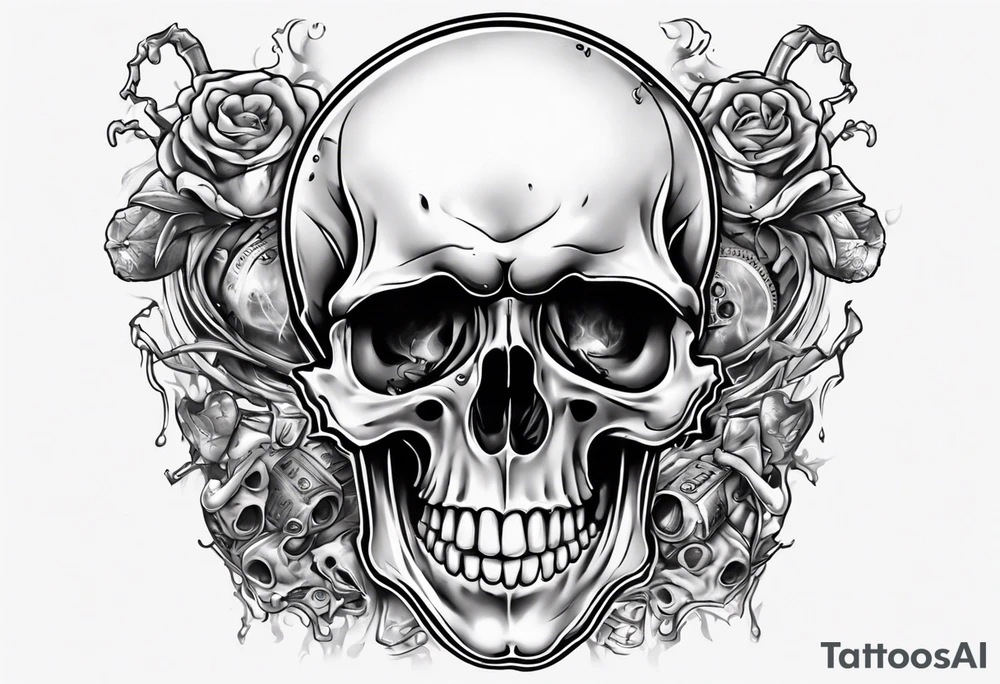 A smiling looking to the left scull inside the glass with alcohol and piece of lime tattoo idea