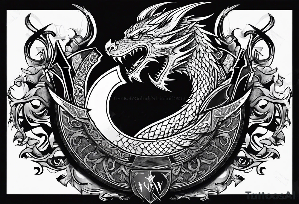 Valhalla word sword shield dragon axe tattoo idea