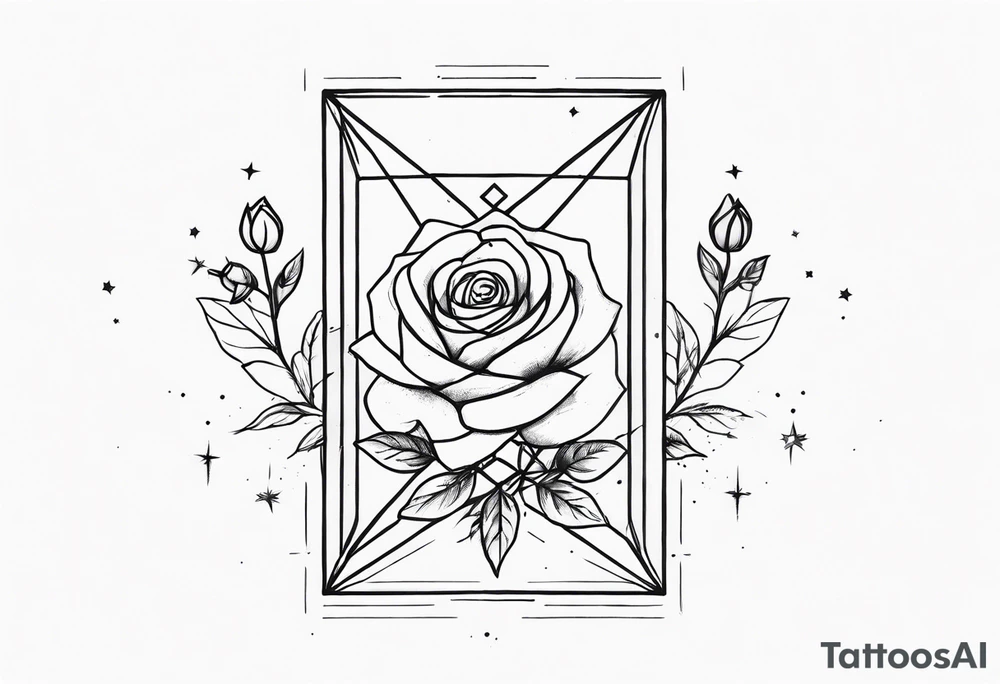 Elongated tesseract with small roses and stars around it tattoo idea