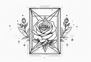 Elongated tesseract with small roses and stars around it tattoo idea