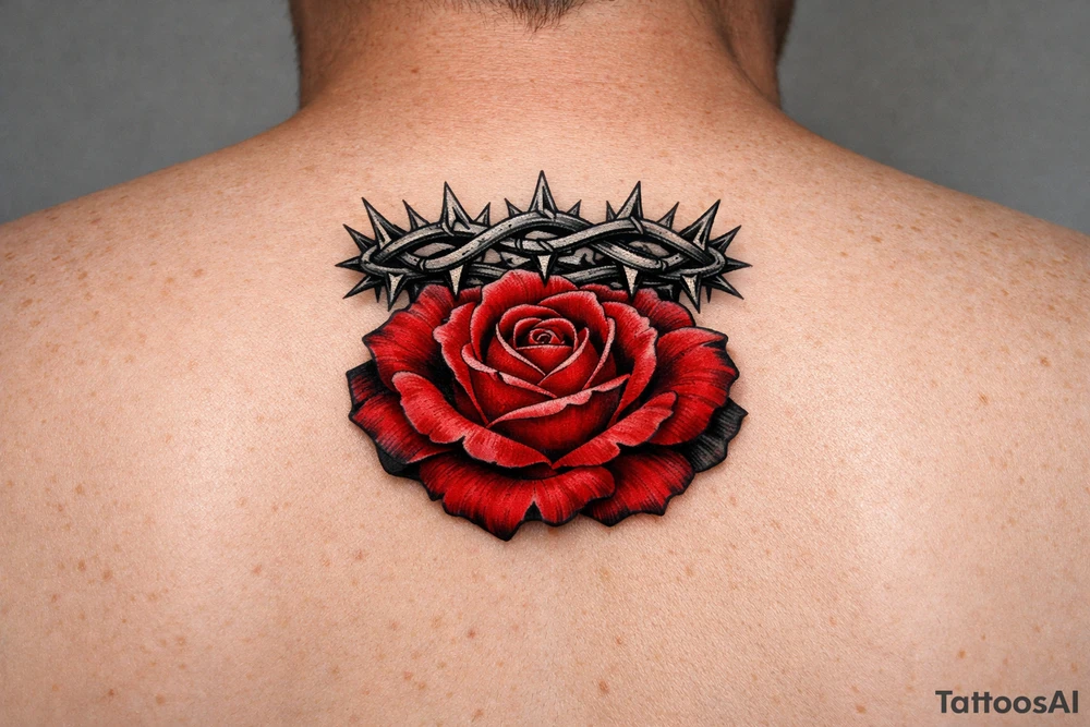 Red rose, no stem, leaves , American traditional style
Put something on top like a crown shaped thorns tattoo idea